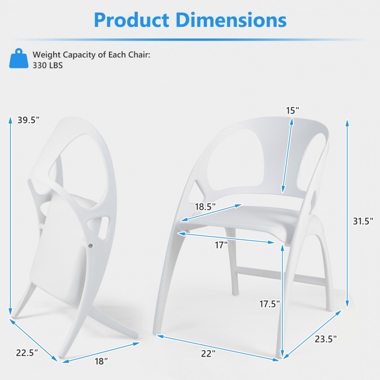 Folding dining chair set of 2 in white, featuring a high backrest and armrests, with dimensions for easy storage.