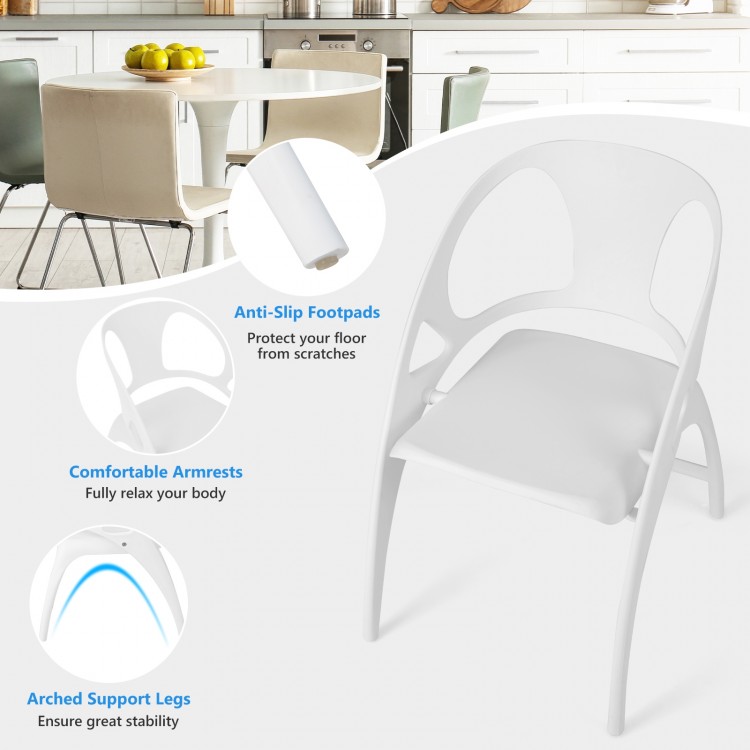 Folding dining chair set of 2 in white with armrests, high backrest, and anti-slip footpads for indoor and outdoor use.