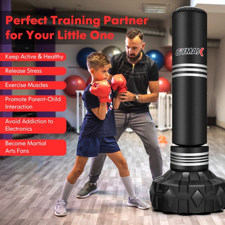 67-inch punching bag with fillable suction cup base, designed for kids' training and safe kicking practice.