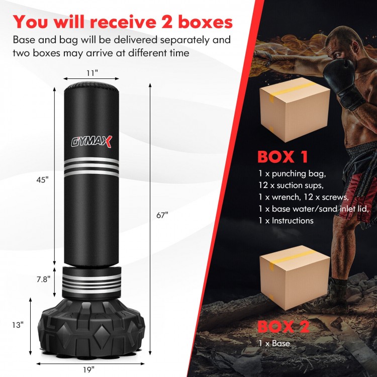 67-inch punching bag with fillable suction cup base, showcasing a sturdy base filled with sand or water for enhanced.