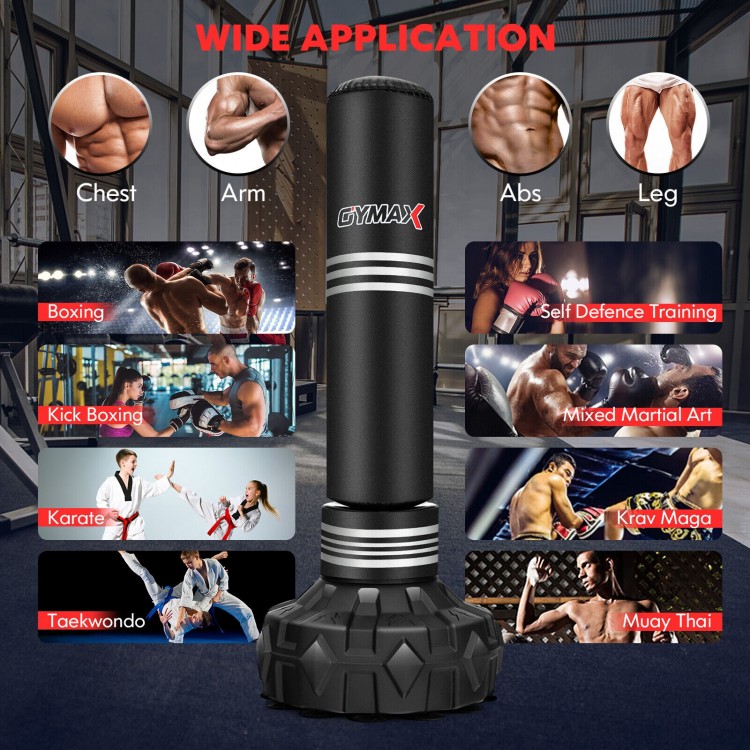 67-inch punching bag with fillable suction cup base, designed for boxing and martial arts training on smooth surfaces.