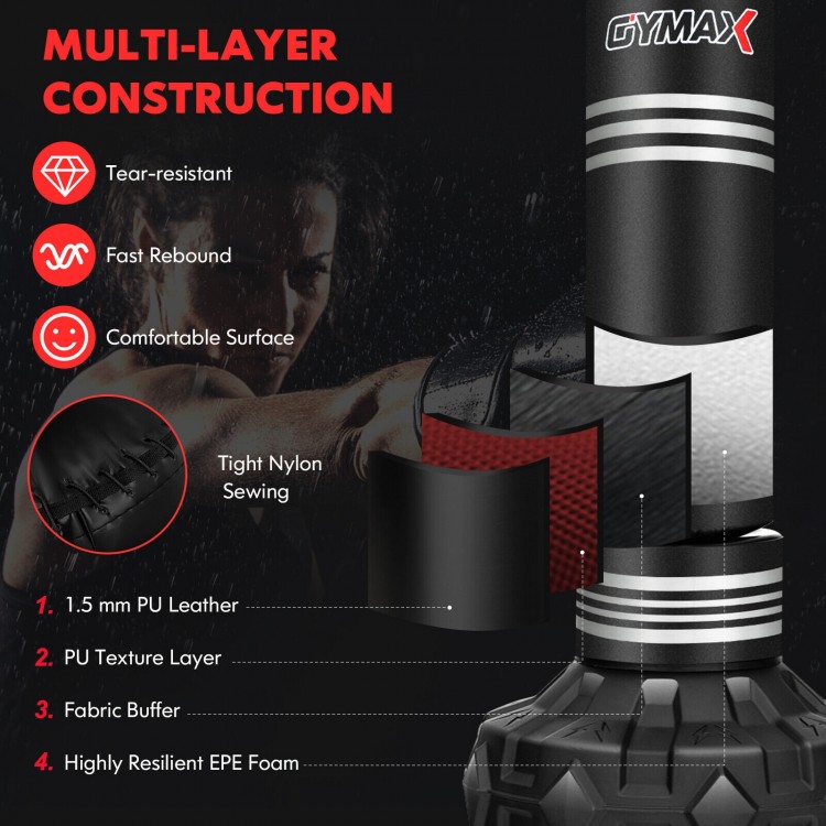 67-inch punching bag with fillable suction cup base, featuring multi-layer construction for durability and stability.