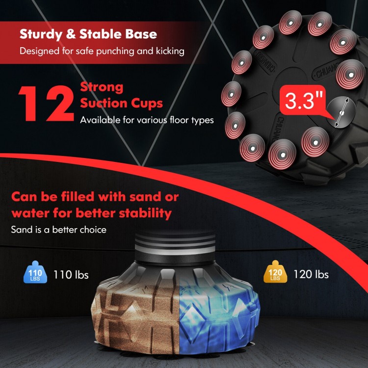 67-inch punching bag with fillable suction cup base, featuring 12 strong suction cups for stability on smooth surfaces.