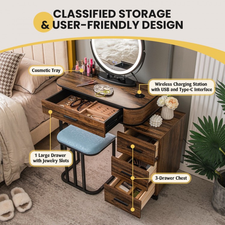 Vanity table set in brown featuring a lighted mirror, wireless charging station, and large storage drawers for.