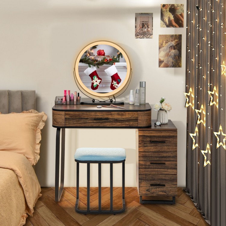 Cushioned vanity stool in brown design complements the vanity table set, providing comfort for makeup application.