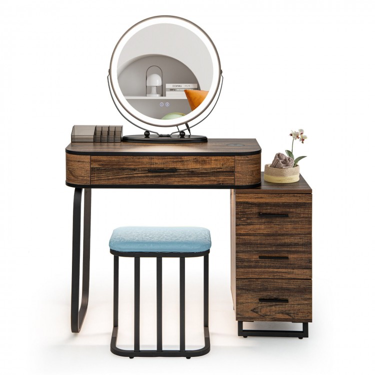 Vanity table set featuring a lighted mirror, wireless charging station, and cushioned stool for stylish makeup.