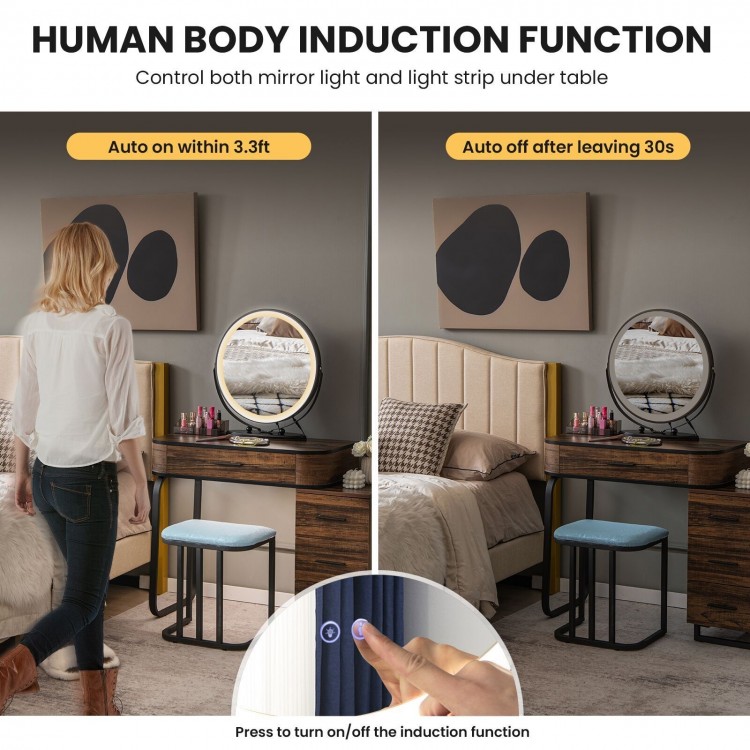 Vanity table set featuring a lighted mirror, charging station, and human body induction function for convenient use.