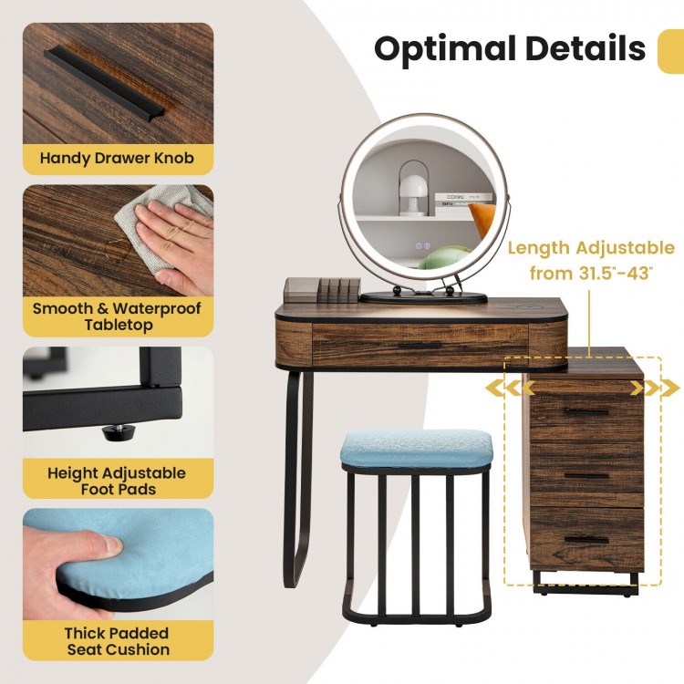 Vanity table set in brown with lighted mirror, adjustable height, and cushioned stool for stylish makeup application.