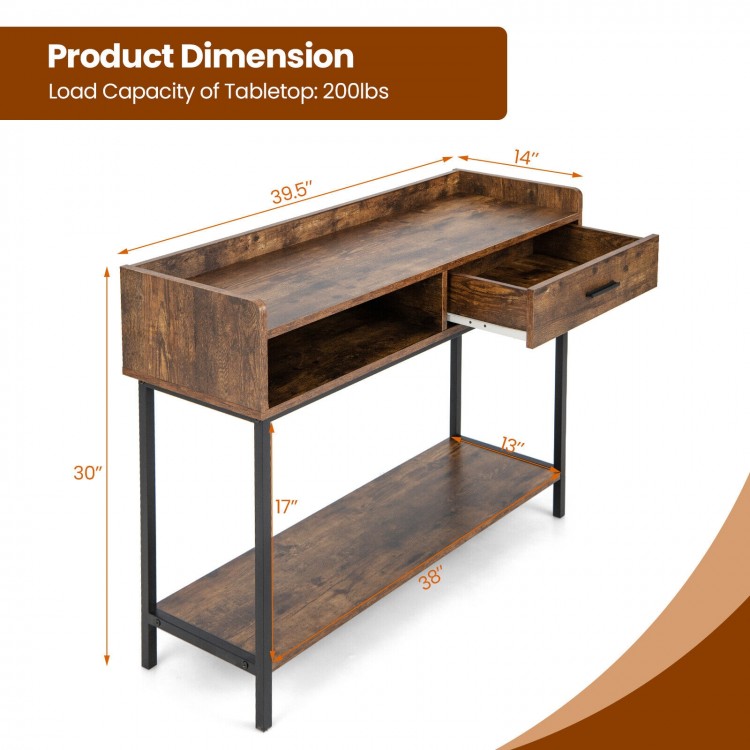 Rustic brown long console table with drawer and metal frame, featuring multiple storage options and a stylish.
