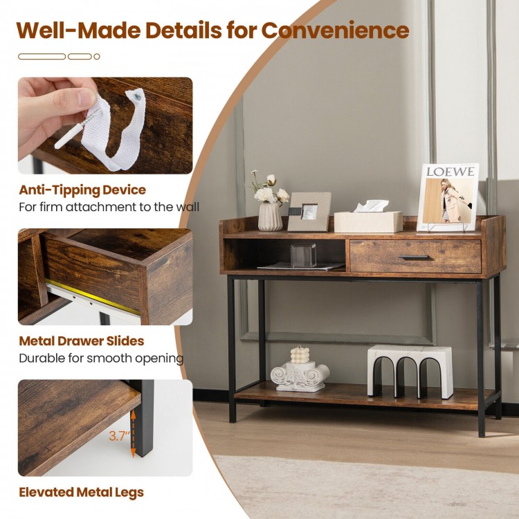 Rustic brown long console table with drawer, metal frame, and anti-tipping device for versatile storage in any room.