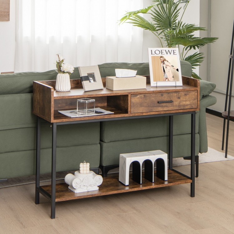 Rustic brown long console table with drawer and metal frame, featuring multiple storage options for versatile use.