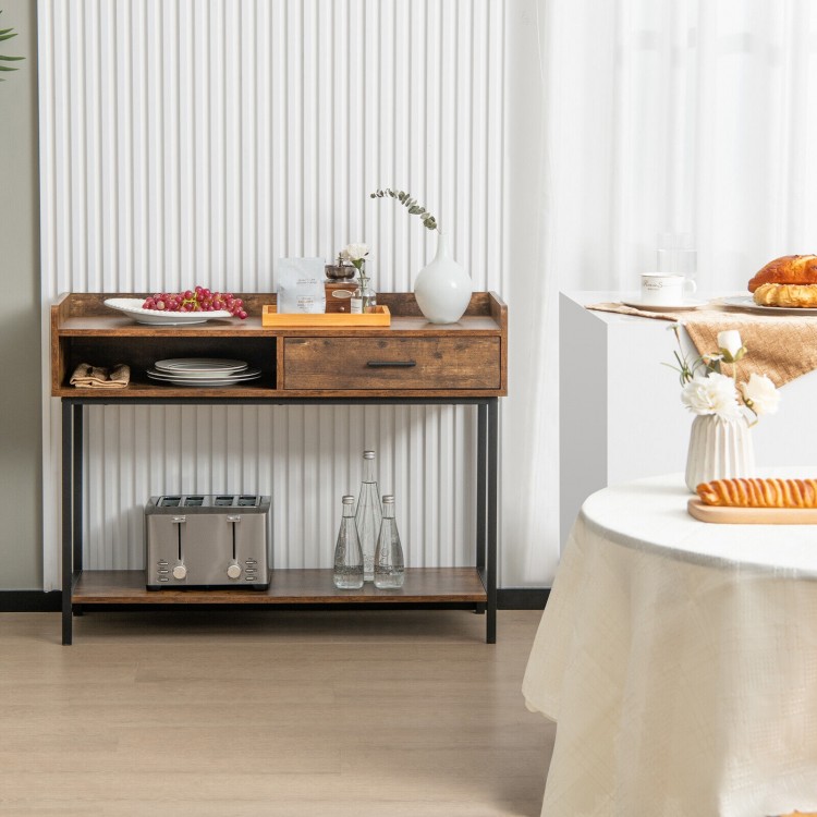Rustic brown console table with metal frame, featuring a drawer and open shelves, ideal for living room or kitchen use.