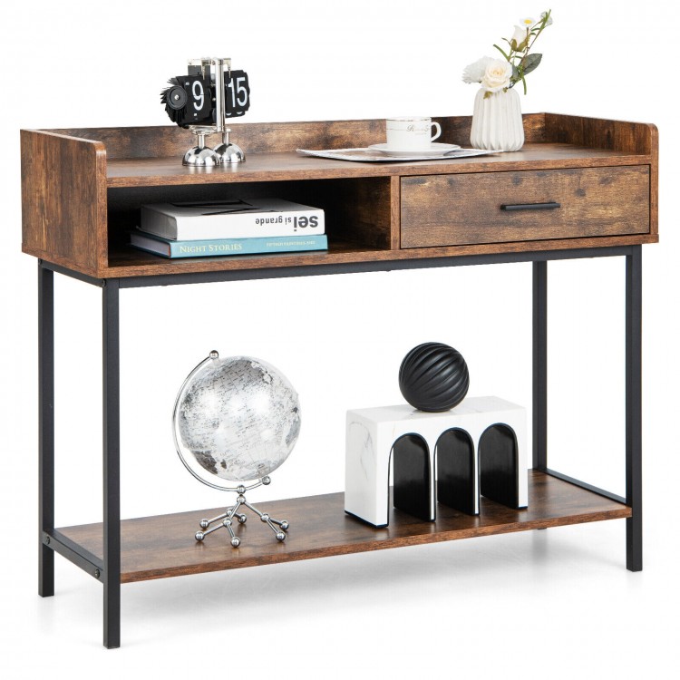 Rustic brown console table with drawer and metal frame, featuring open shelves for versatile storage in any room.