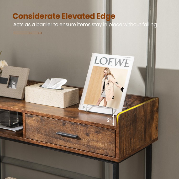 Rustic brown console table featuring a pull-out drawer and elevated edge, ideal for living room or entryway storage.