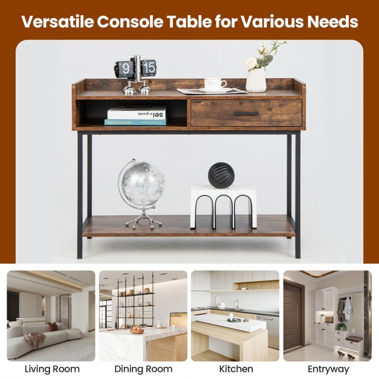 Rustic brown long console table with drawer and metal frame, ideal for living room, dining room, kitchen, or entryway.