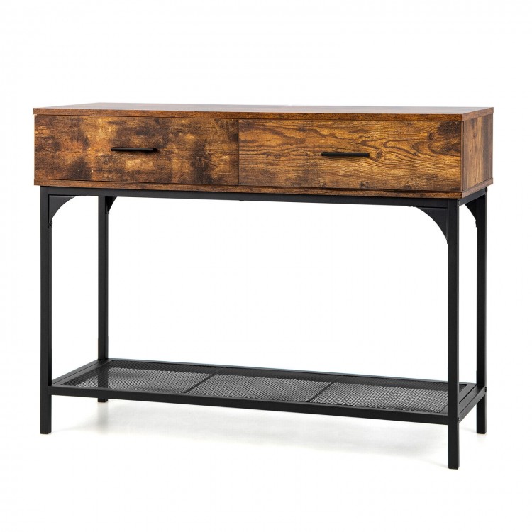 Rustic brown console table with metal frame, featuring 2 large drawers and an open shelf for versatile living room.