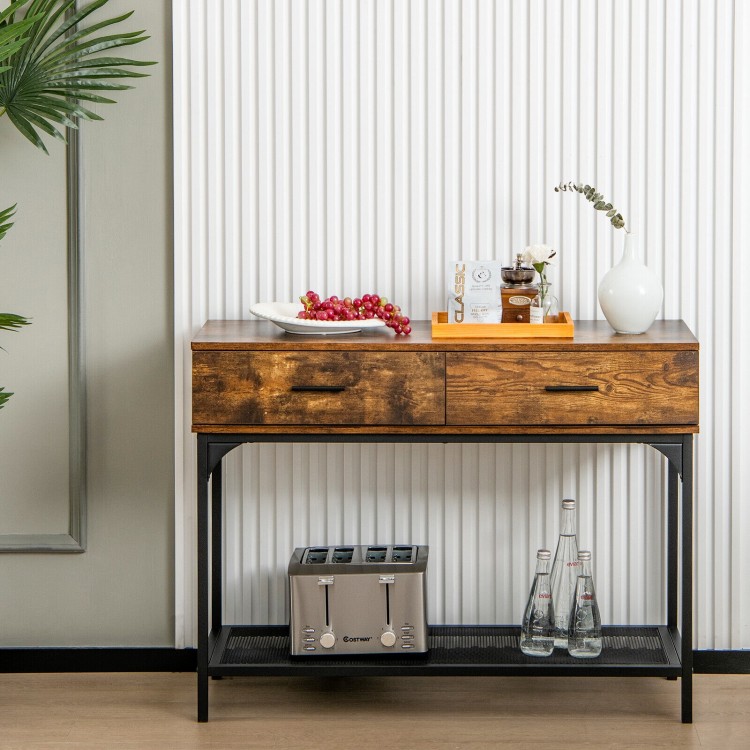 Rustic brown 2 drawers console table with metal frame, featuring a wide tabletop and open shelf for versatile storage.