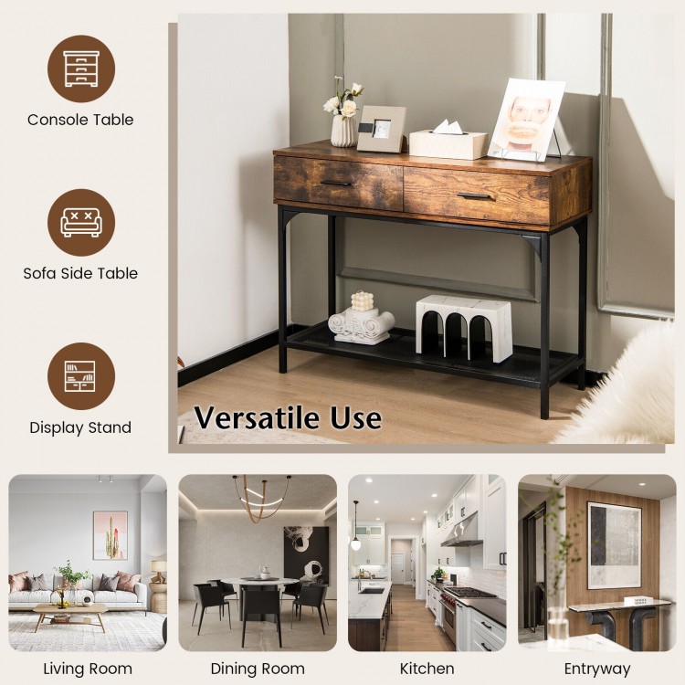Rustic brown 2 drawers console table with metal frame, ideal for living room, entryway, or as a display stand.