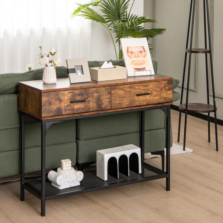 Rustic brown console table with metal frame, featuring 2 drawers and an open shelf, ideal for living room storage.