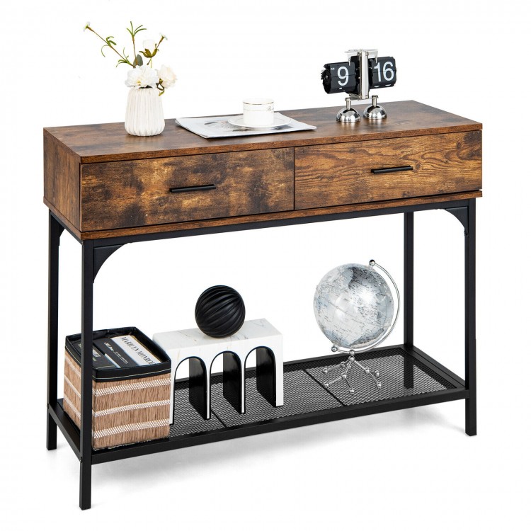 Rustic brown console table with 2 drawers and metal frame, ideal for living room or entryway storage and display.