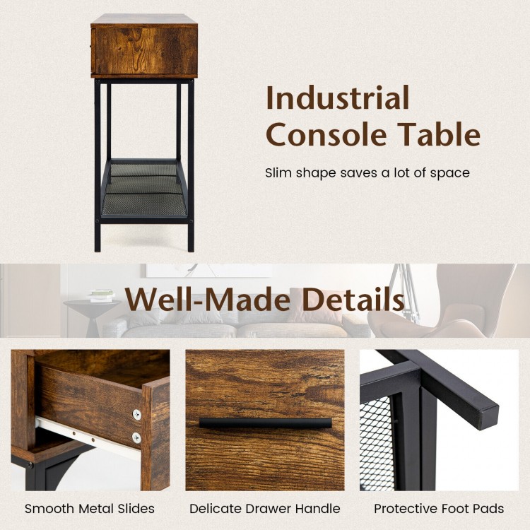 Rustic brown 2-drawer console table with metal frame, featuring smooth slides and protective foot pads for versatile.