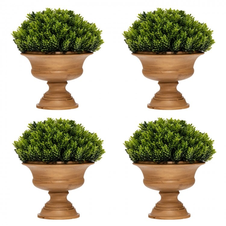 Four artificial boxwood topiary trees in golden pots, perfect for decorative use on tables and mantles.