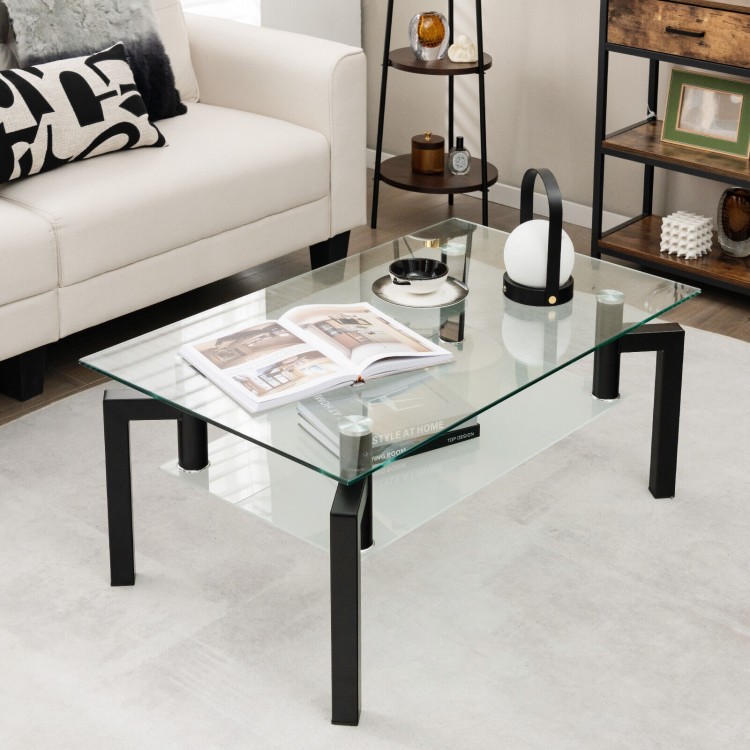 2-Tier Rectangular Glass Coffee Table with Metal Tube Legs-BlackCostway Gallery View 2 of 10