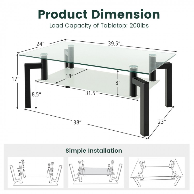 2-Tier Rectangular Glass Coffee Table with Metal Tube Legs-BlackCostway Gallery View 4 of 10
