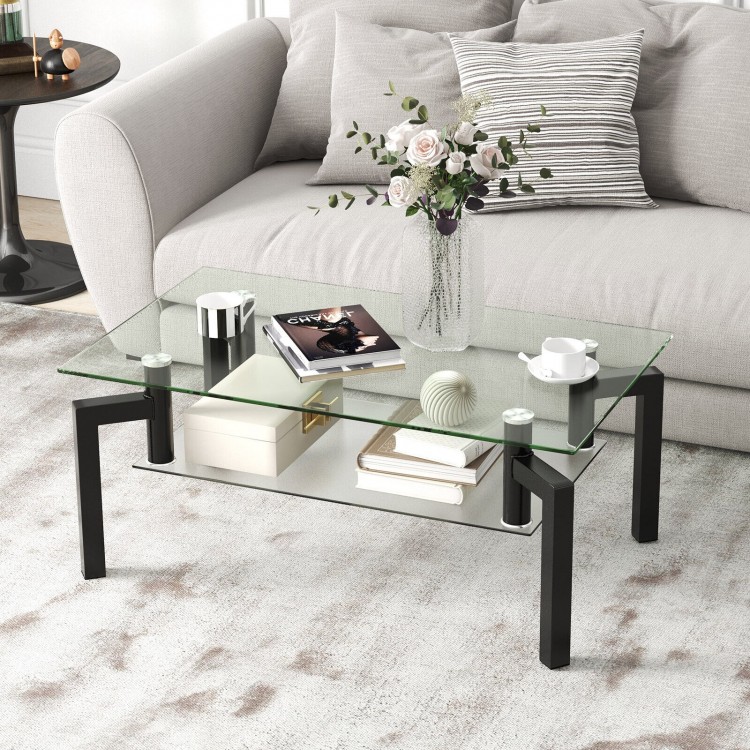 2-Tier Rectangular Glass Coffee Table with Metal Tube Legs-BlackCostway Gallery View 7 of 10