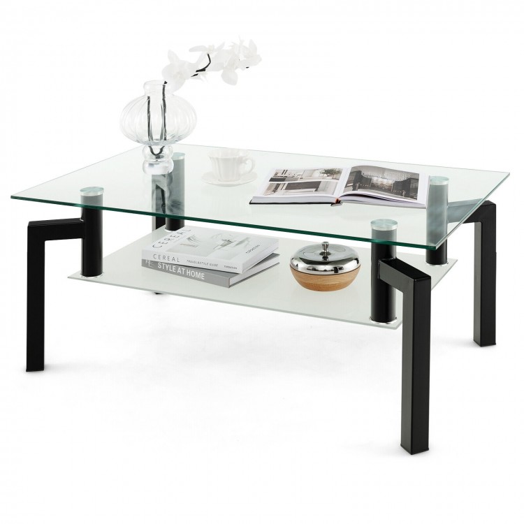 2-Tier Rectangular Glass Coffee Table with Metal Tube Legs-BlackCostway Gallery View 8 of 10