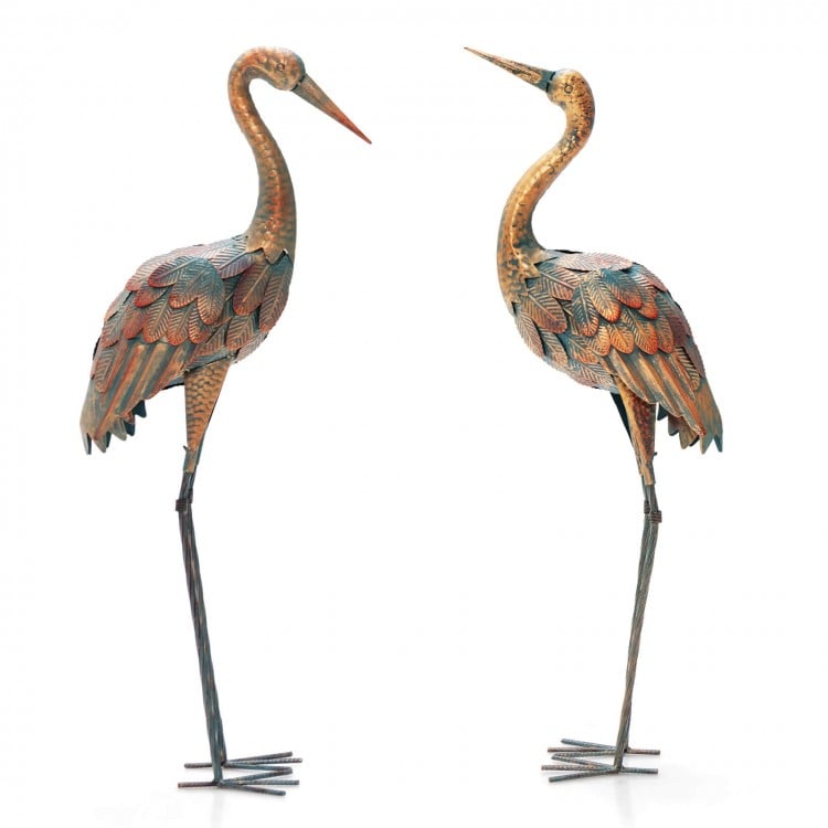 Set of 2 metal crane garden statues with detailed feathers, perfect for charming backyard decoration.