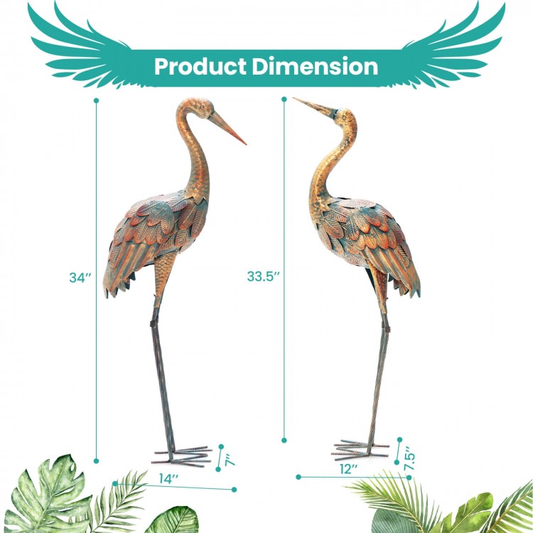 Set of 2 crane garden statues in metal, featuring detailed feathers and U-shaped stakes for stable outdoor display.