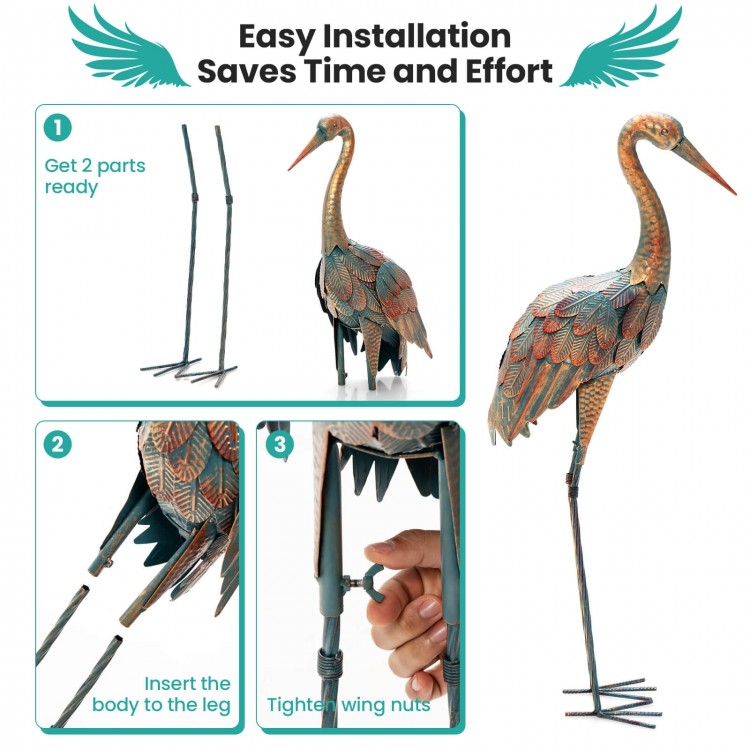 Standing metal crane garden statue set with U-shaped stakes, featuring detailed feathers and easy installation.