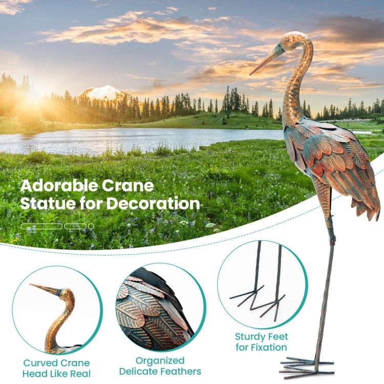 Standing metal crane garden statue with curved head and delicate feathers, perfect for backyard decoration.