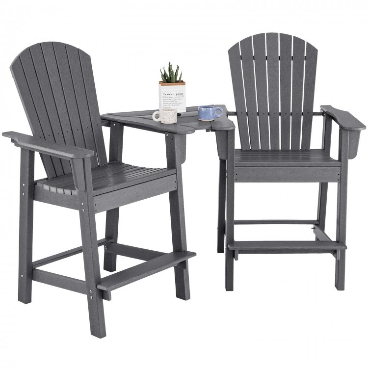 Two gray HDPE tall Adirondack chairs with a middle connecting tray, perfect for balcony or poolside relaxation.
