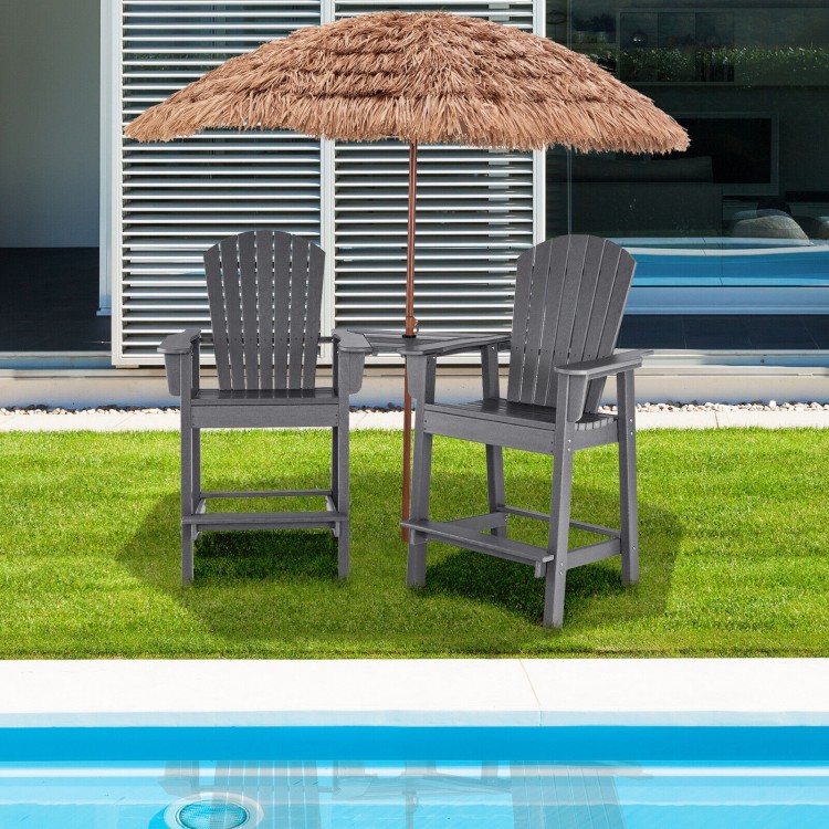 Gray HDPE tall Adirondack chairs with middle tray, perfect for poolside relaxation and outdoor gatherings.