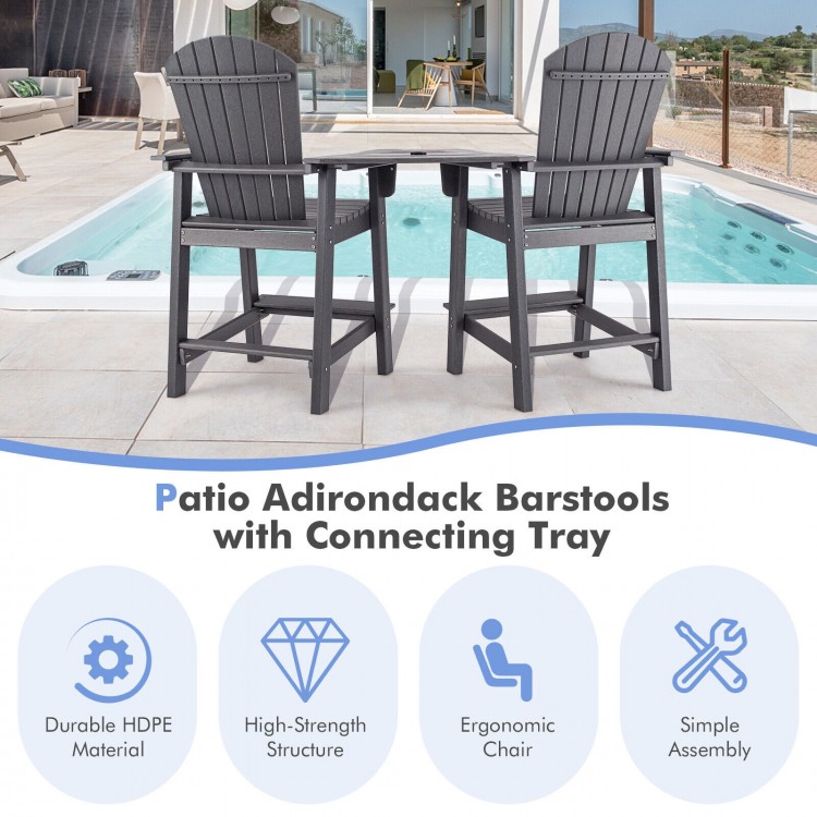 Gray HDPE tall Adirondack barstools with connecting tray, ergonomic design, perfect for poolside or backyard relaxation.