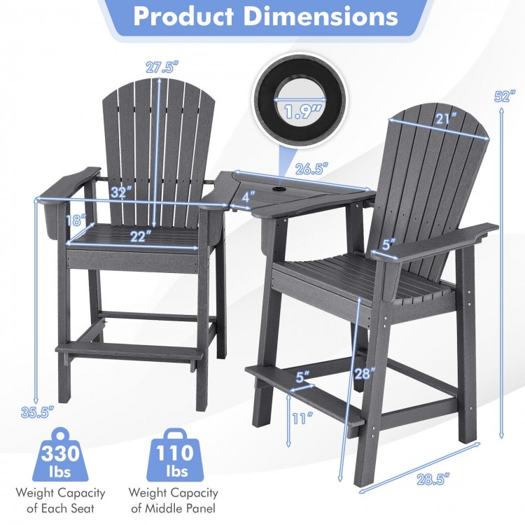 Dimensions of the 2 Pieces HDPE Tall Adirondack Chairs in Gray, featuring a middle tray and ergonomic design for.