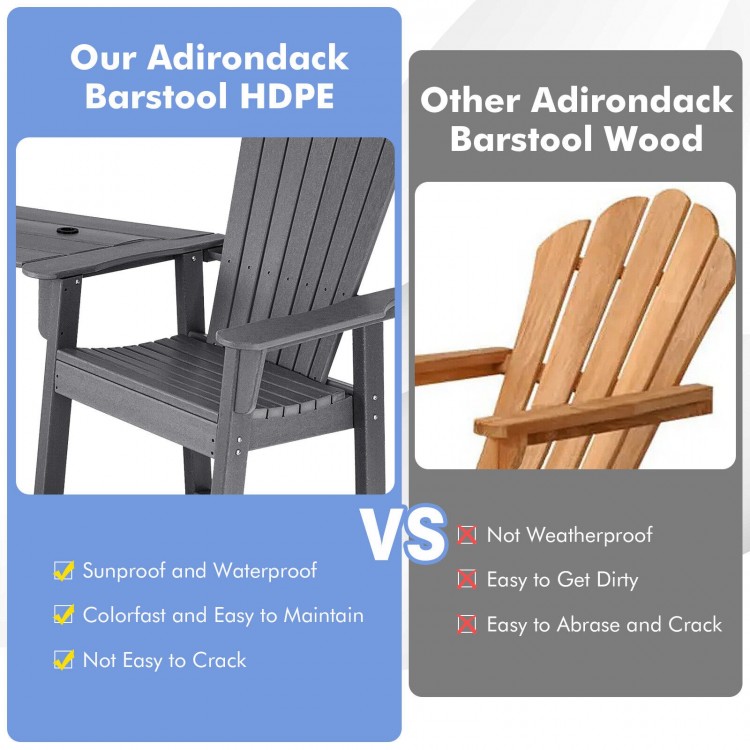 Gray HDPE tall Adirondack chair with middle connecting tray, weatherproof and ergonomic for backyard relaxation.