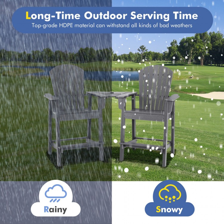Tall gray HDPE Adirondack chair set with middle tray, weatherproof for outdoor use in various conditions.