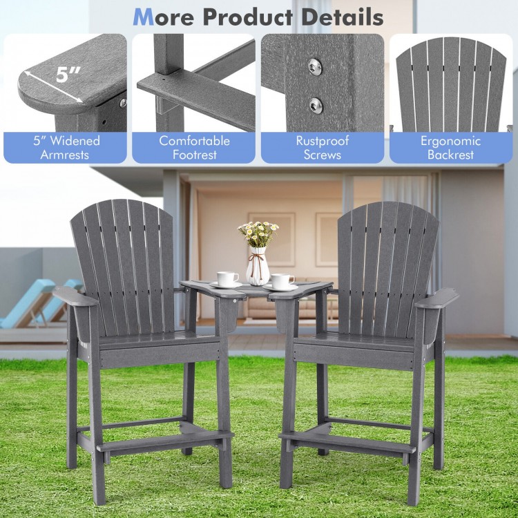 Tall gray HDPE Adirondack chairs with middle tray, featuring ergonomic backrest and wide armrests, perfect for outdoor.