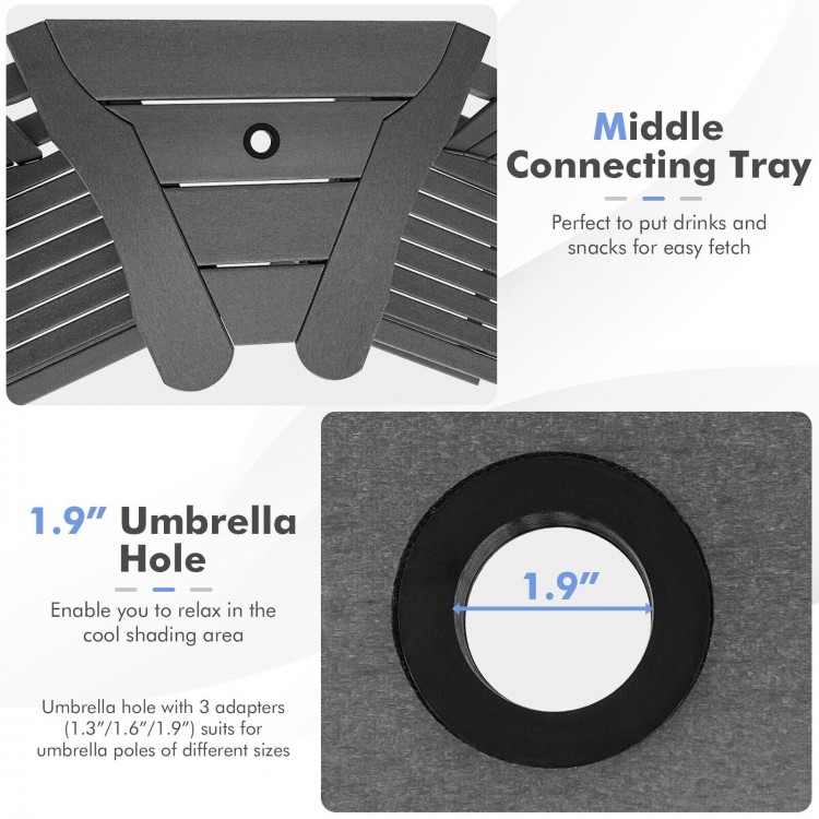 Middle connecting tray of gray HDPE Adirondack chair with 1.9" umbrella hole, perfect for drinks and snacks.