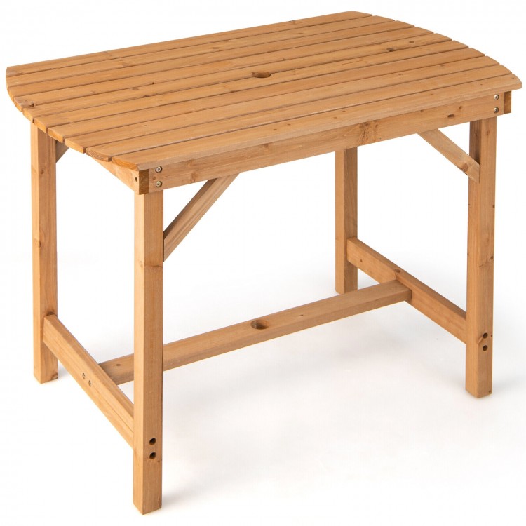 Outdoor fir wood dining table with slatted top and 1.5" umbrella hole, suitable for patio or garden use.