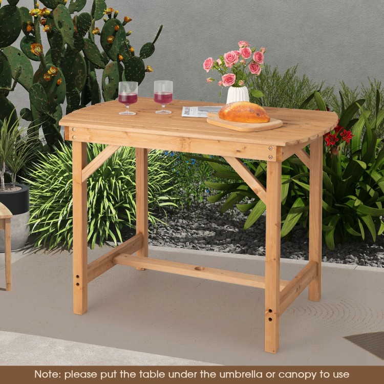 Outdoor fir wood dining table with slatted top and 1.5" umbrella hole, perfect for patio or garden gatherings.