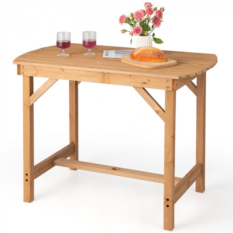 Outdoor fir wood dining table with slatted top, 1.5" umbrella hole, suitable for patio or garden, seats 4-6 people.