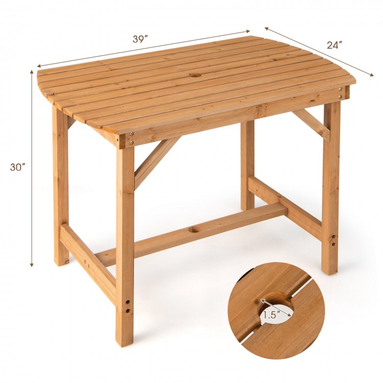 Outdoor fir wood dining table with slatted top, 1.5" umbrella hole, suitable for patio or garden use.