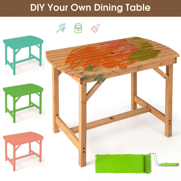 Outdoor fir wood dining table with slatted top and 1.5" umbrella hole, perfect for patio or garden use.