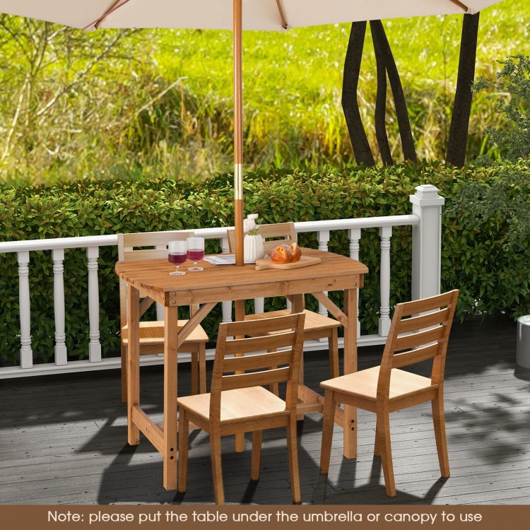 Outdoor fir wood dining table with slatted top and 1.5-inch umbrella hole, perfect for patio or garden use.