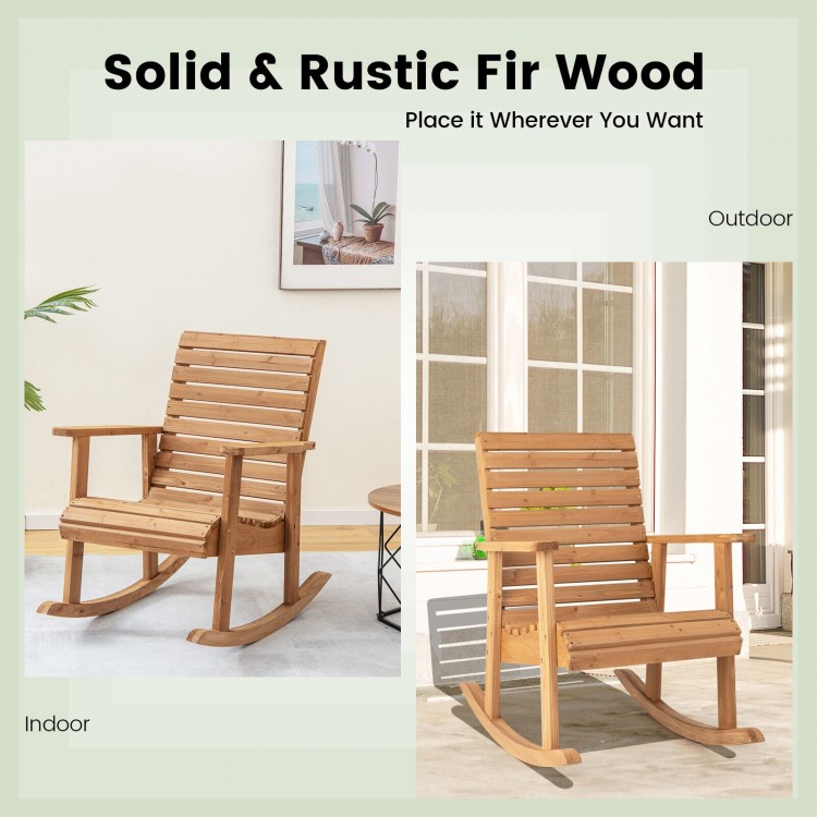 Outdoor fir wood rocking chair with high backrest, featuring wide armrests for relaxation, suitable for patio and.