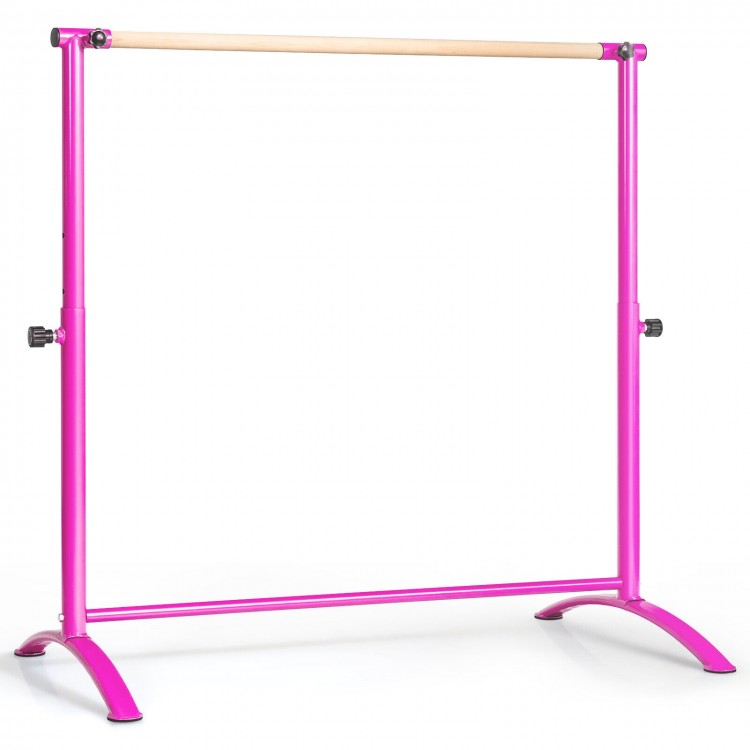 Pink ballet barre with adjustable height, sturdy metal frame, and beech wood bar, ideal for home and dance studios.